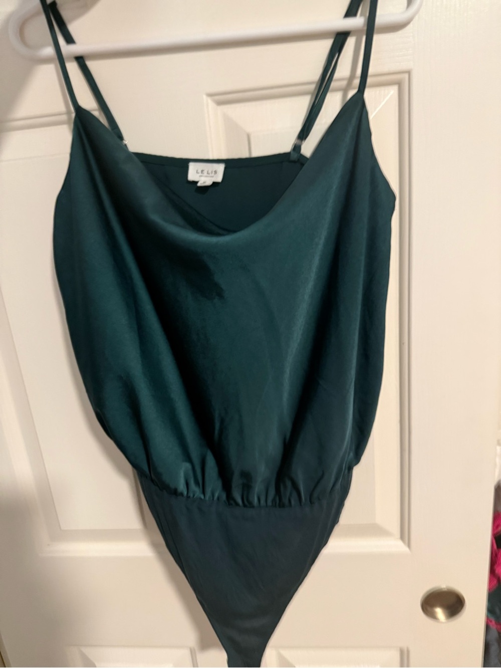 Le Lis Dark Teal Satin Cowl Neck Bodysuit